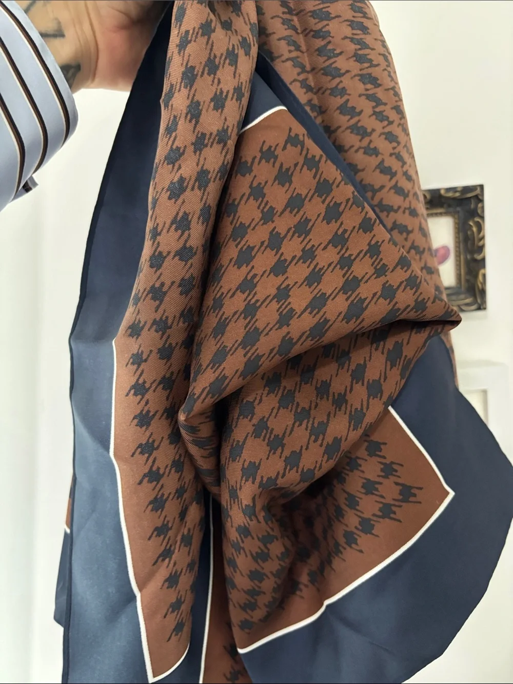 Madewell Brown and Navy Houndstooth Silk Scarf